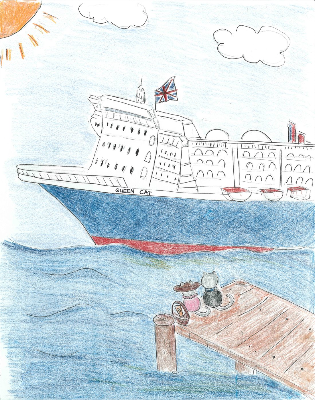 Mr. and Mrs. Cat sailing across the ocean on a grand ocean liner