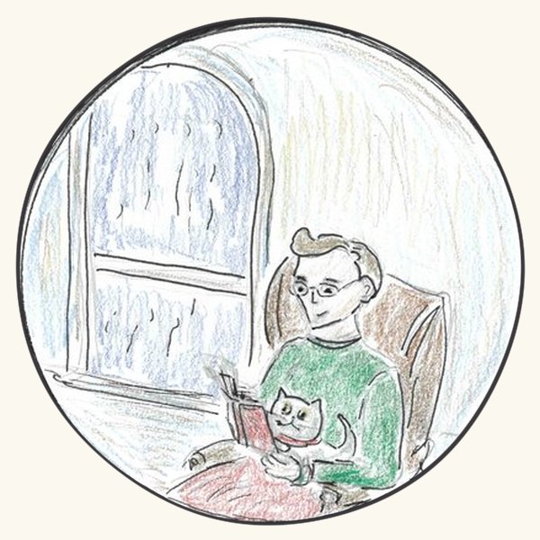 Judy reading with Mr. Rider on a rainy day
