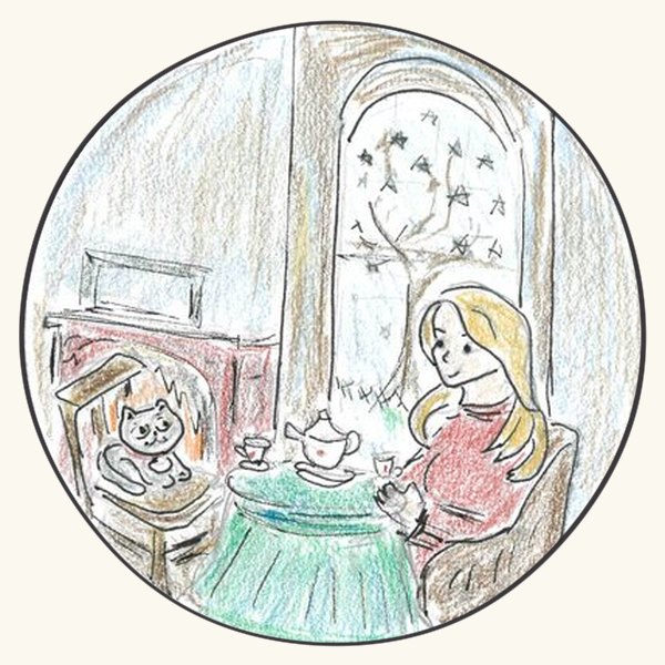 Judy and Mrs. Rider having tea by the fire