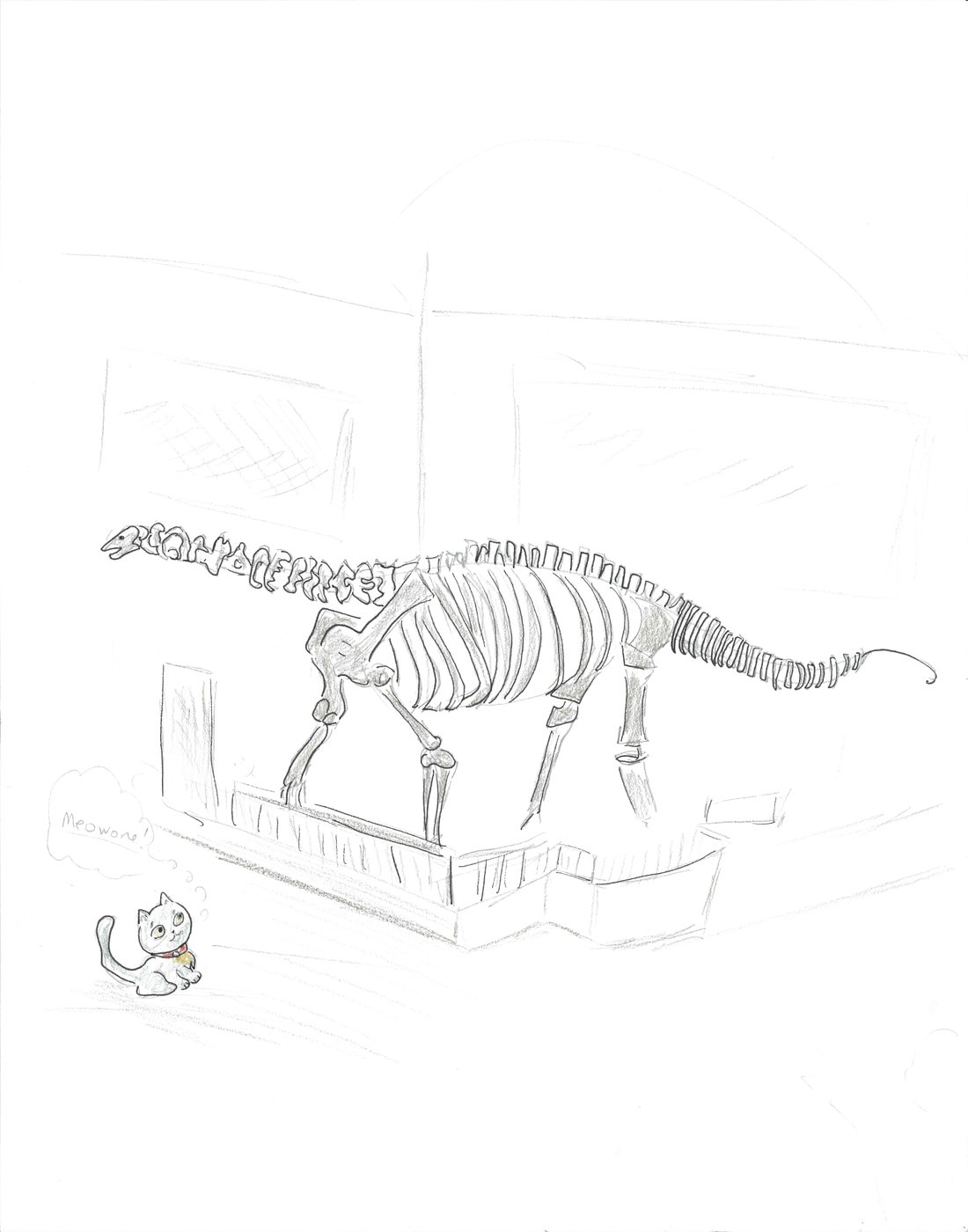 Judy beneath a dinosaur skeleton at the Peabody Museum
