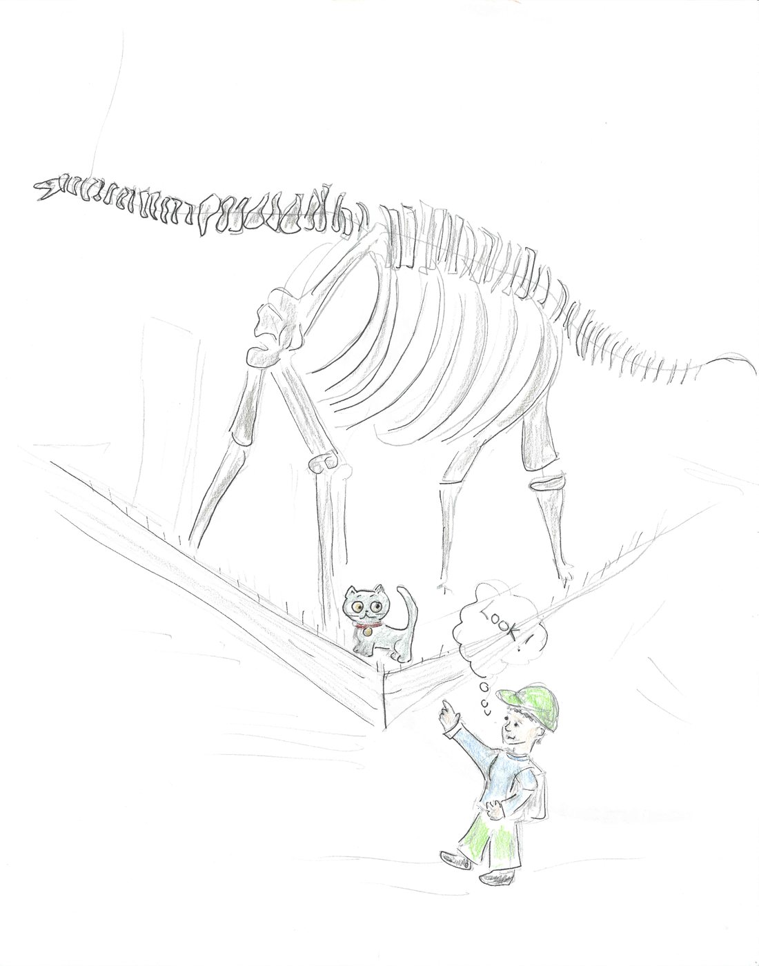 Book illustration of Judy climbing onto a dinosaur's foot at the Peabody