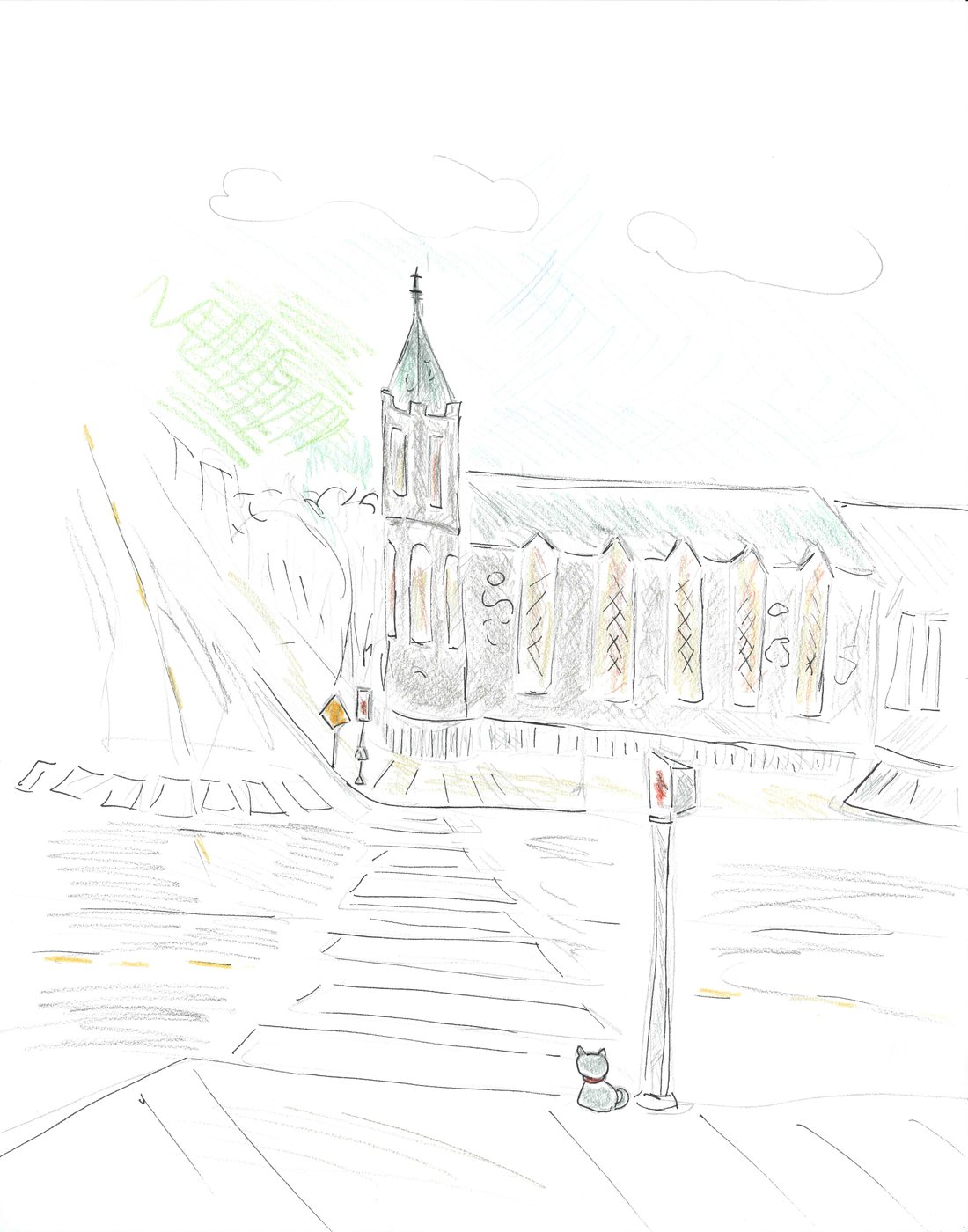 Judy crossing the street near the Church of St. Paul