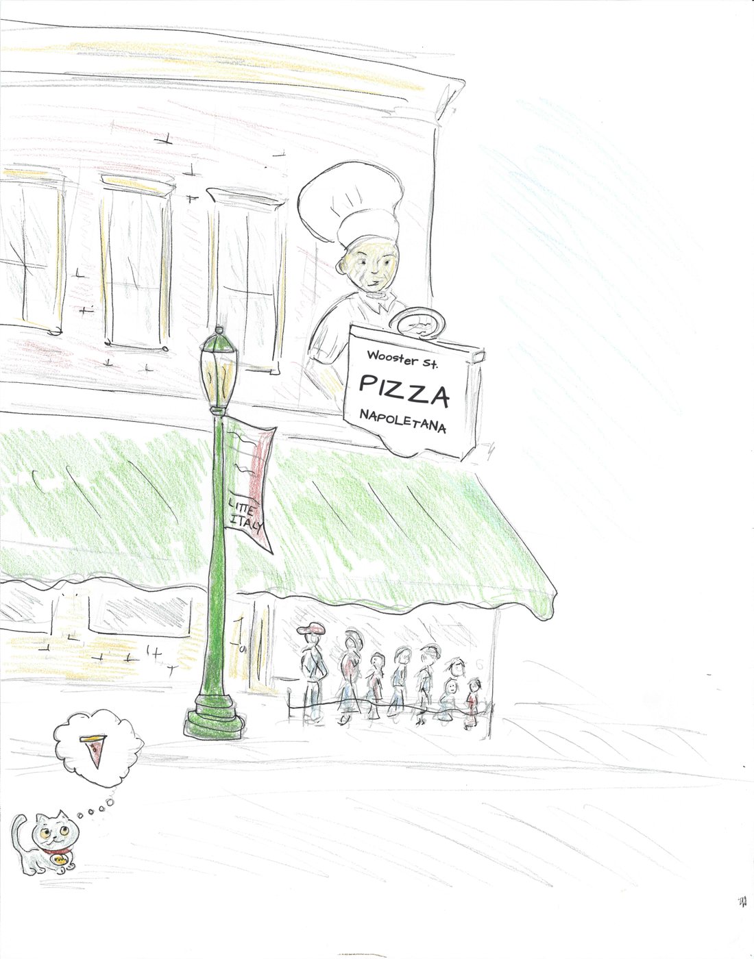Judy outside a pizzeria on Wooster Street, dreaming of pizza